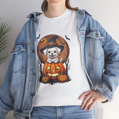 Halloween Unisex Tee with Small White Dog on Jack-O-Lantern