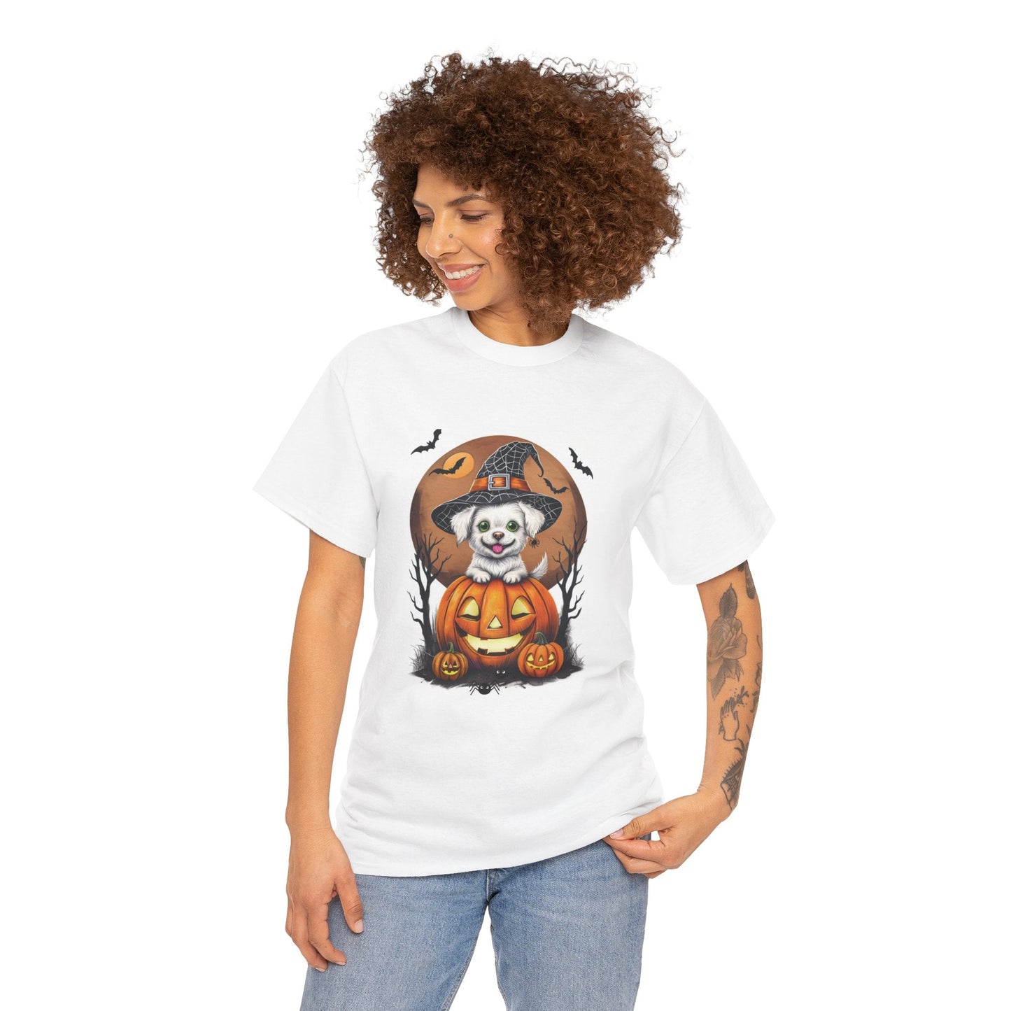 Halloween Unisex Tee with Small White Dog on Jack-O-Lantern