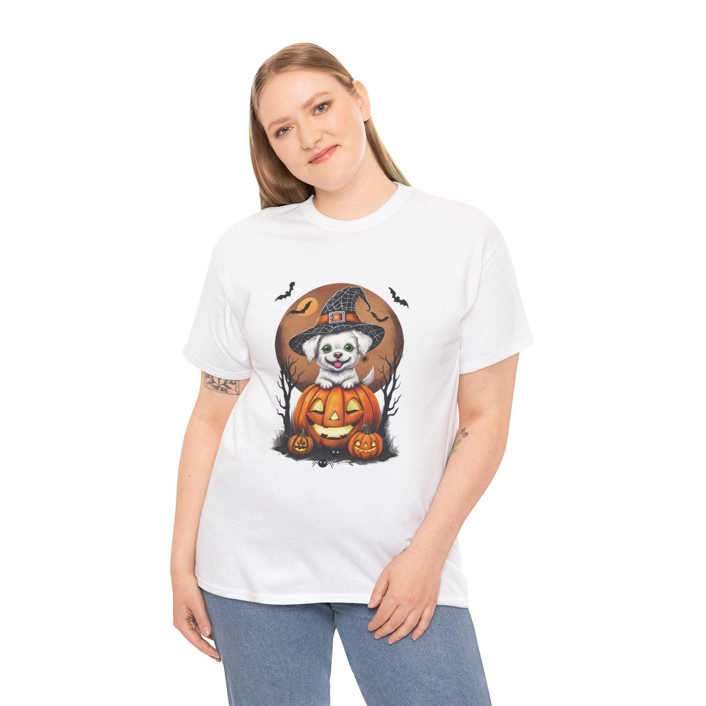 Halloween Unisex Tee with Small White Dog on Jack-O-Lantern