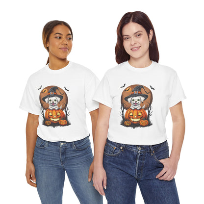 Halloween Unisex Tee with Small White Dog on Jack-O-Lantern