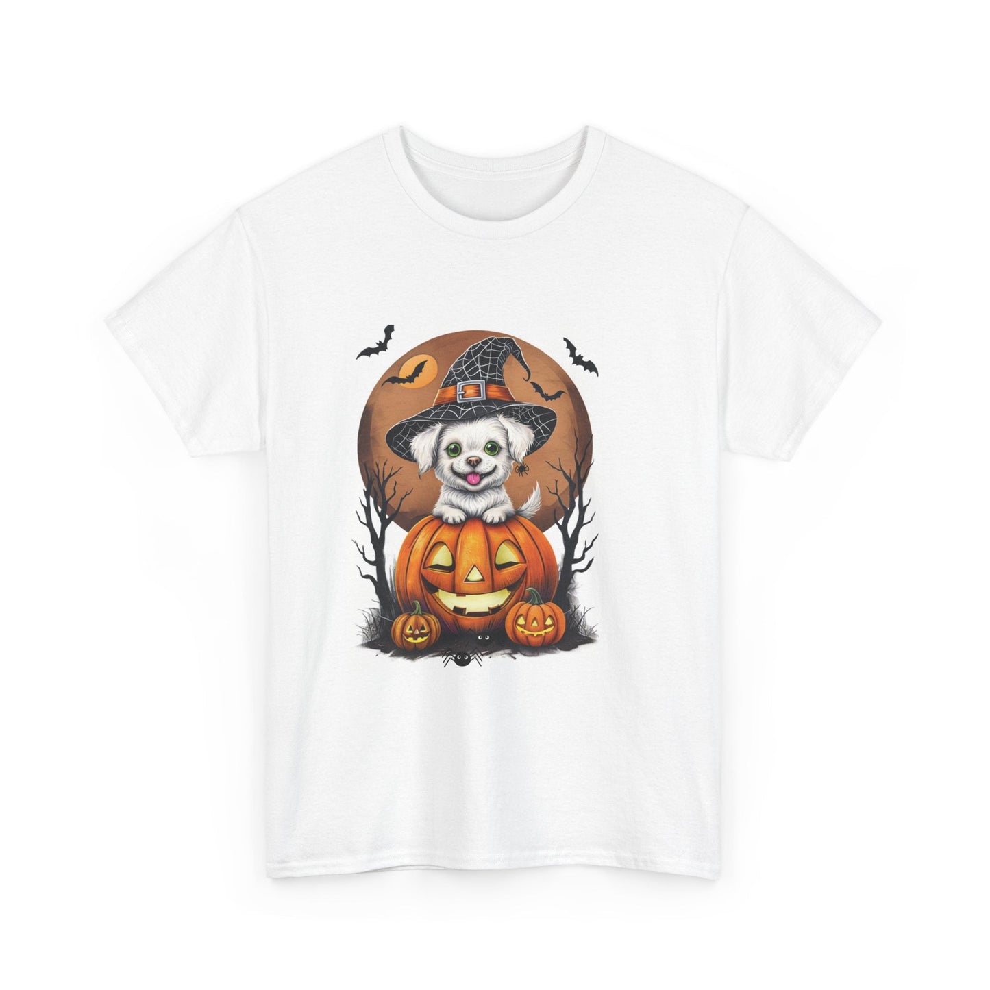 Halloween Unisex Tee with Small White Dog on Jack-O-Lantern