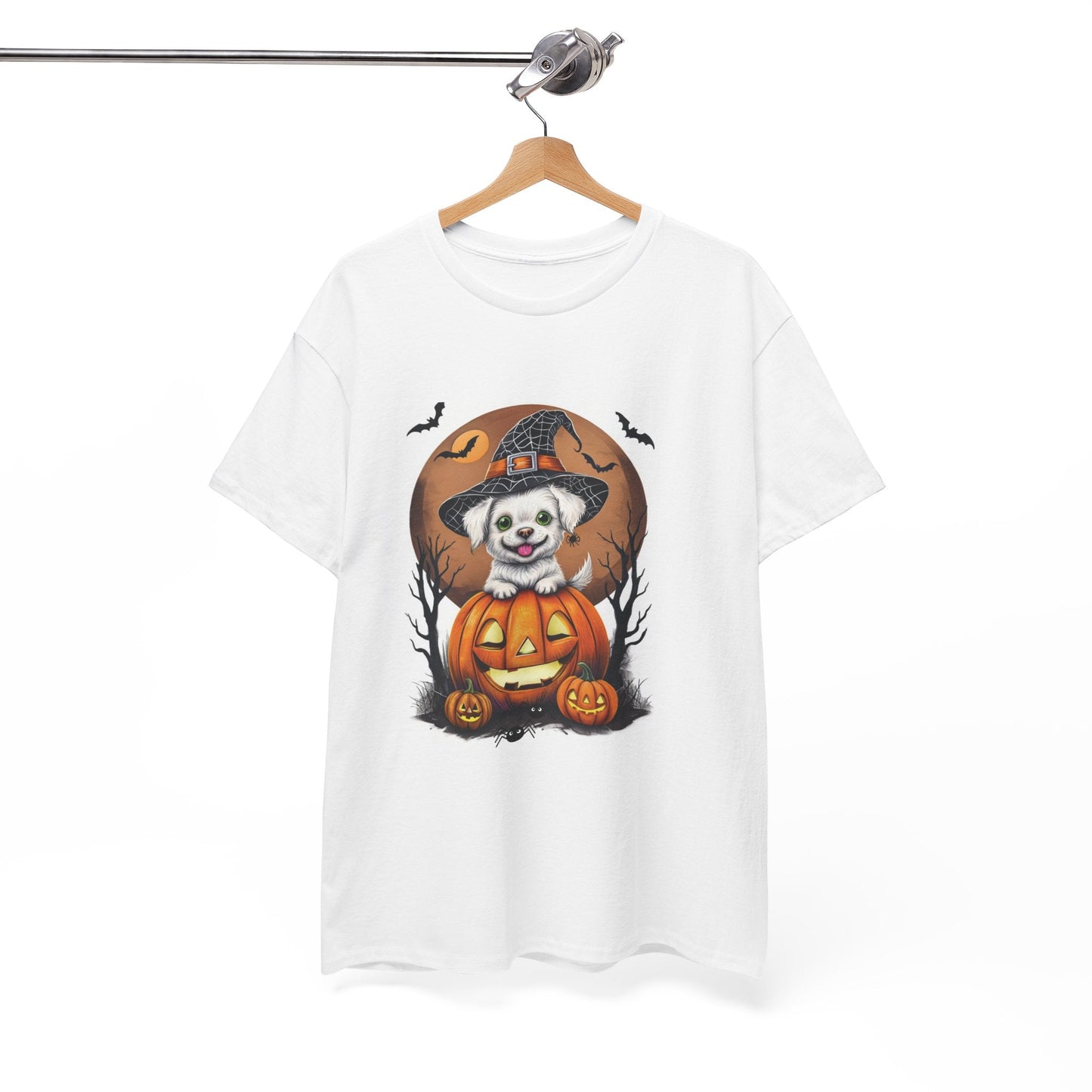 Halloween Unisex Tee with Small White Dog on Jack-O-Lantern