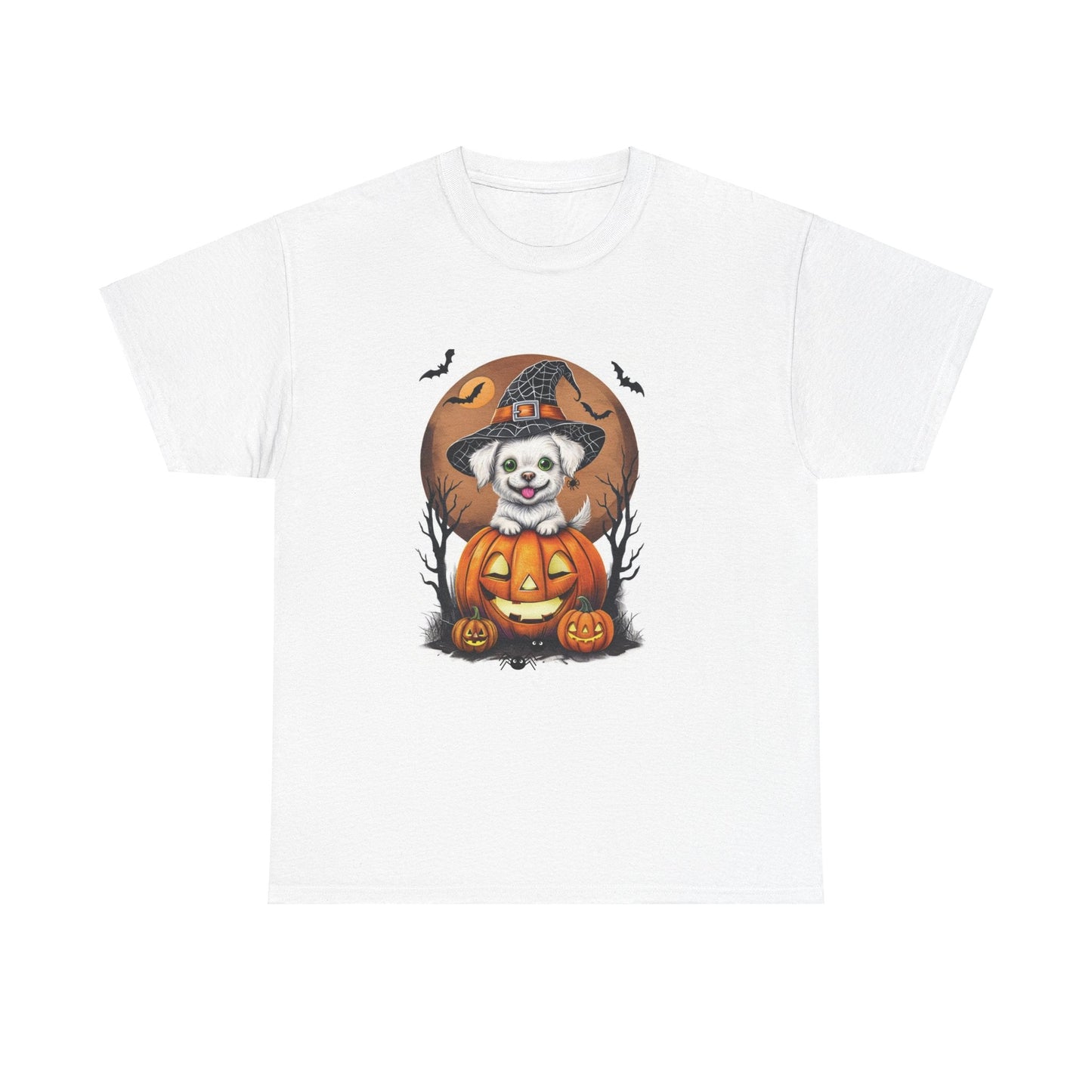 Halloween Unisex Tee with Small White Dog on Jack-O-Lantern