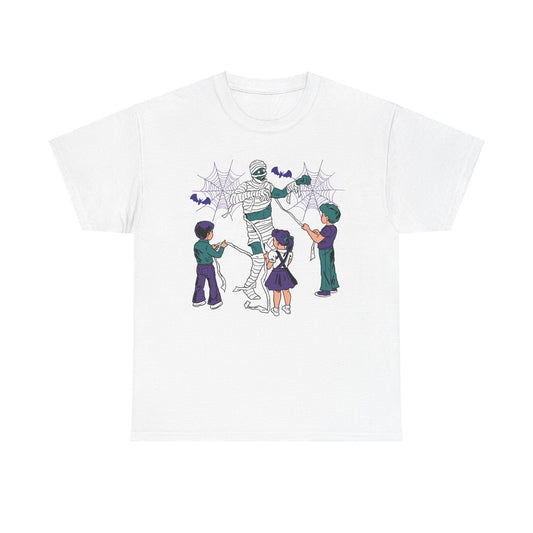 A playful t-shirt featuring a cartoon mummy with two cheerful children, perfect for Halloween fun and spooky adventures. 