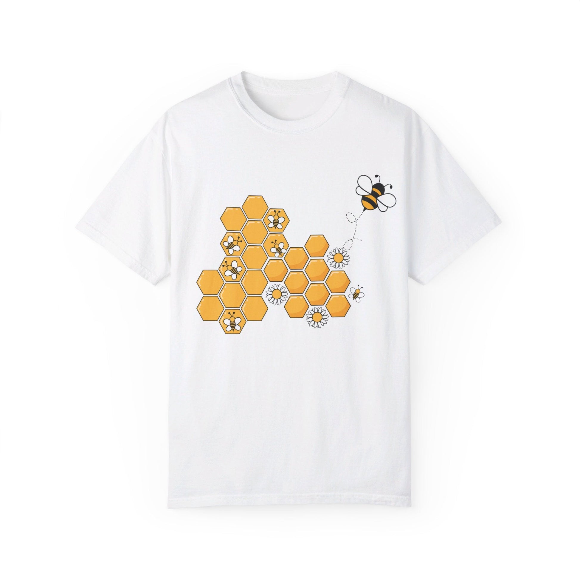 Stylish white t-shirt adorned with a delightful bee and honeycomb graphic, ideal for showcasing your love for nature.