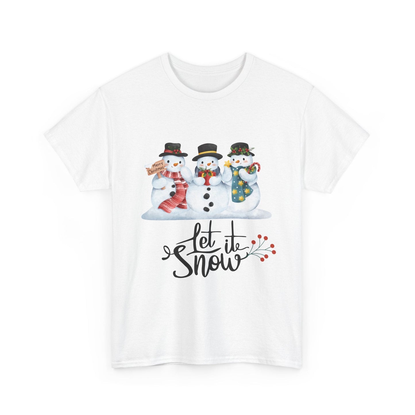 1. A cozy "Let It Snow" t-shirt featuring a playful winter design, perfect for embracing the holiday spirit. 

2. A festive t-shirt with the phrase "Let It Snow," ideal for celebrating winter and staying stylish during the season.

3. A cheerful "Let It Snow" t-shirt, showcasing a fun winter theme, perfect for holiday gatherings and snowy adventures.