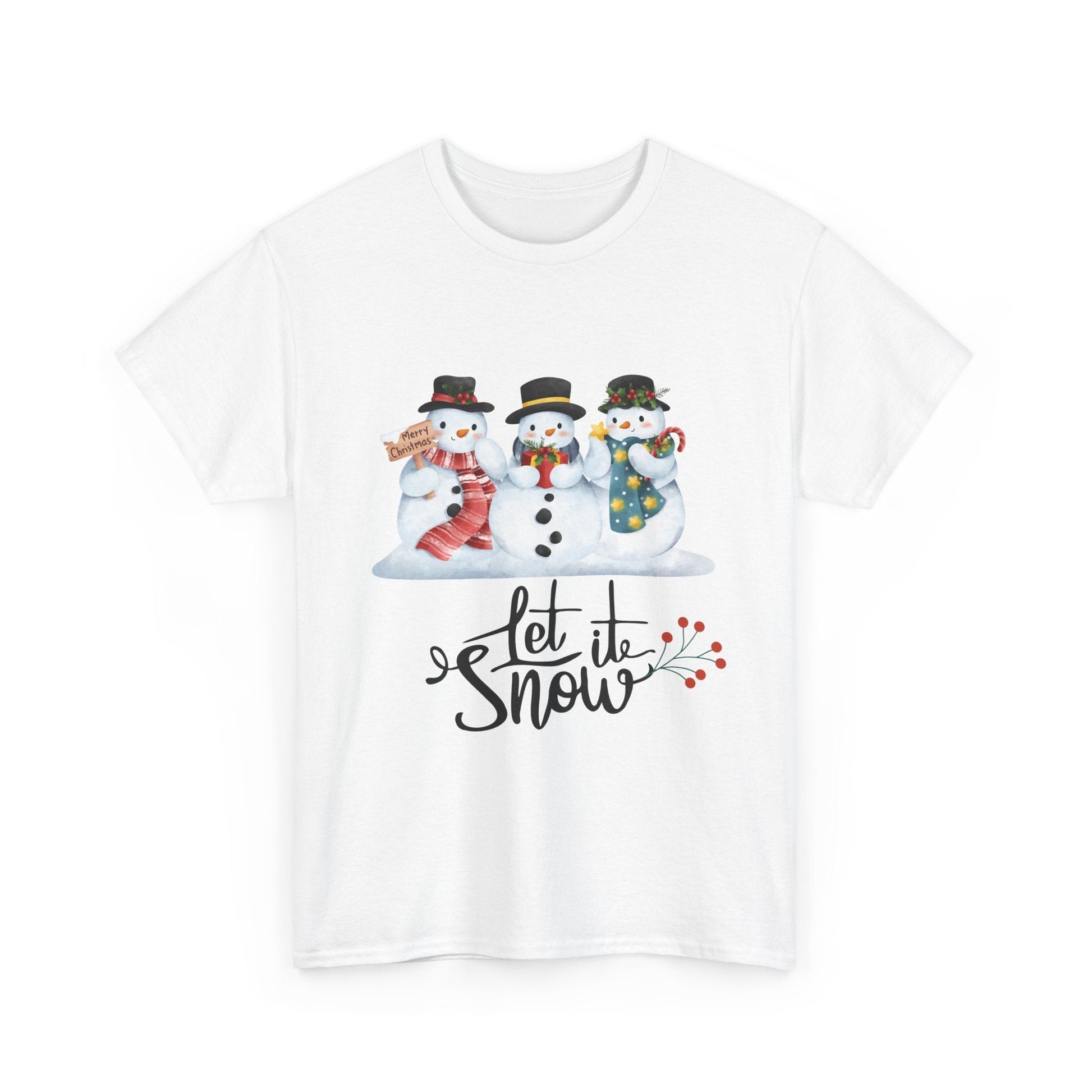 1. A cozy "Let It Snow" t-shirt featuring a playful winter design, perfect for embracing the holiday spirit. 

2. A festive t-shirt with the phrase "Let It Snow," ideal for celebrating winter and staying stylish during the season.

3. A cheerful "Let It Snow" t-shirt, showcasing a fun winter theme, perfect for holiday gatherings and snowy adventures.