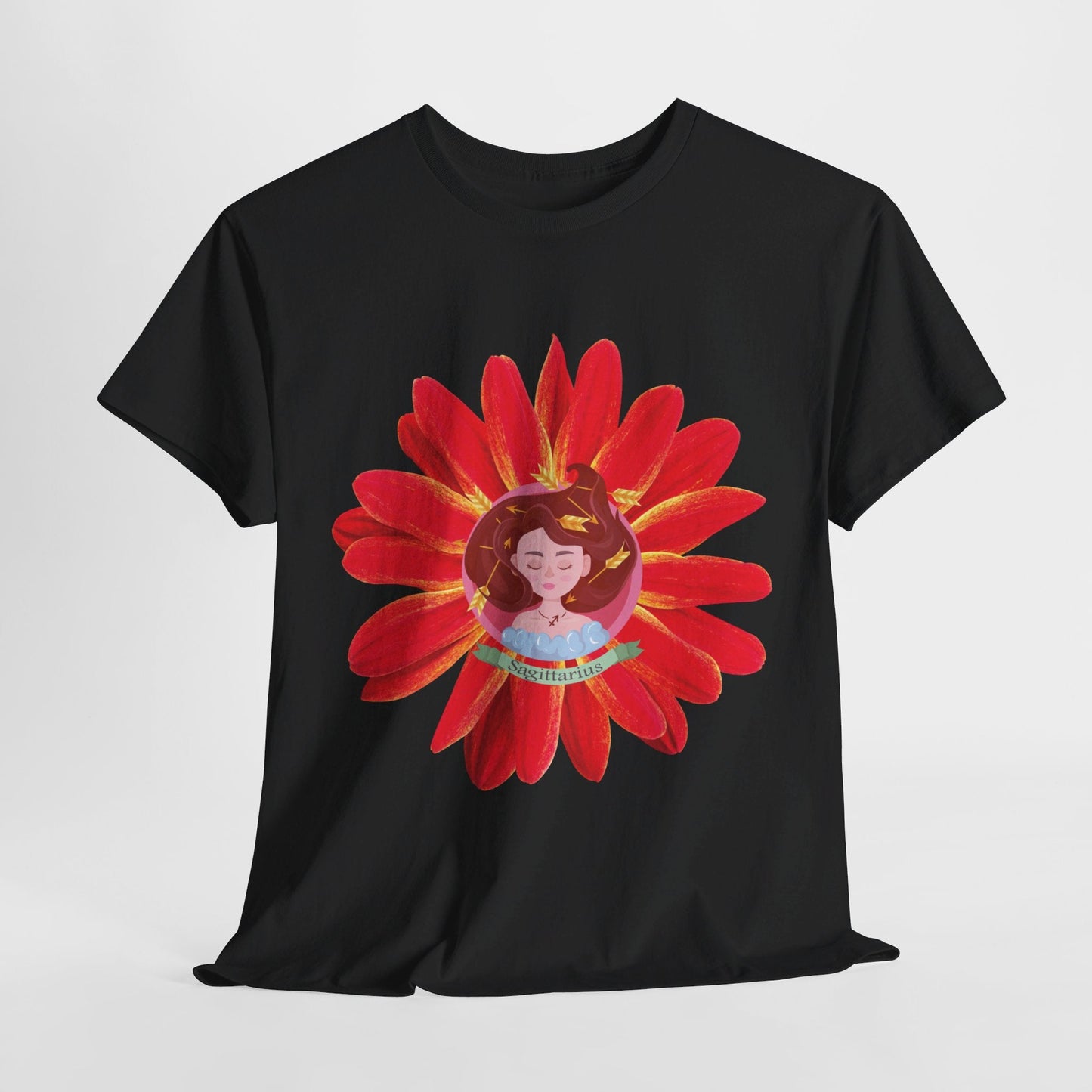 Sagittarius zodiac cotton tee features a cute girl surrounded by red flowers