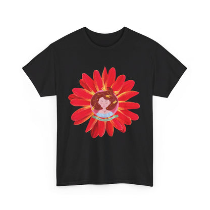 Sagittarius zodiac cotton tee features a cute girl surrounded by red flowers