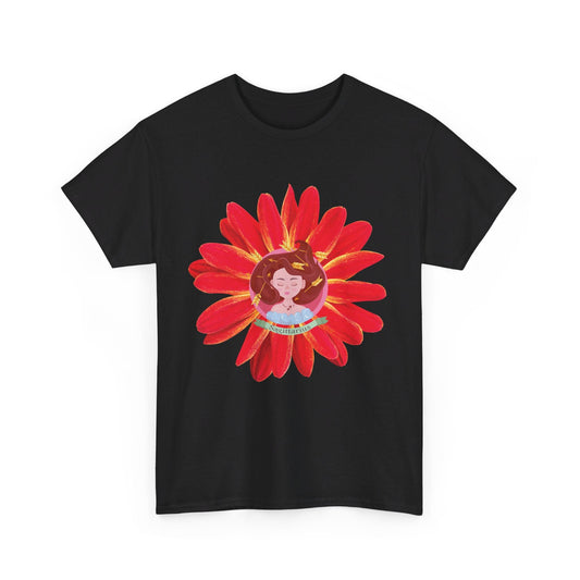 Sagittarius zodiac cotton tee features a cute girl surrounded by red flowers