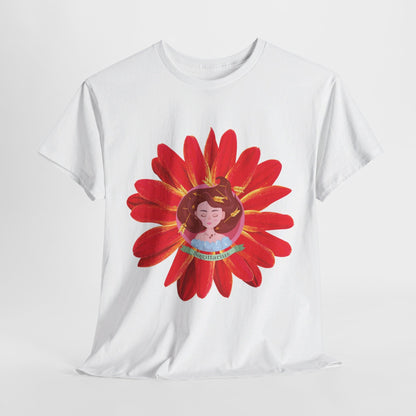 Sagittarius zodiac cotton tee features a cute girl surrounded by red flowers