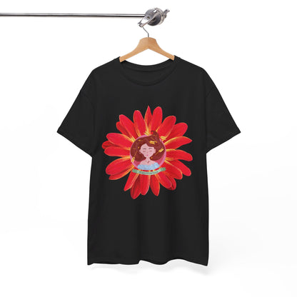 Sagittarius zodiac cotton tee features a cute girl surrounded by red flowers