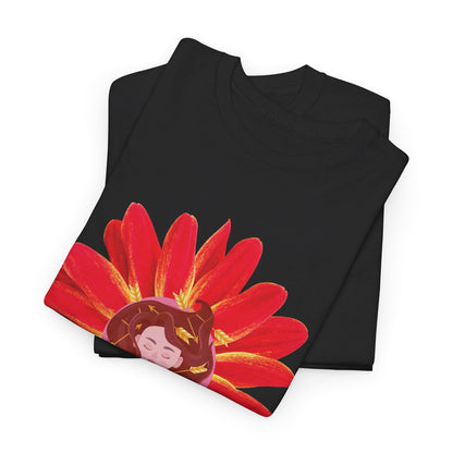 Sagittarius zodiac cotton tee features a cute girl surrounded by red flowers