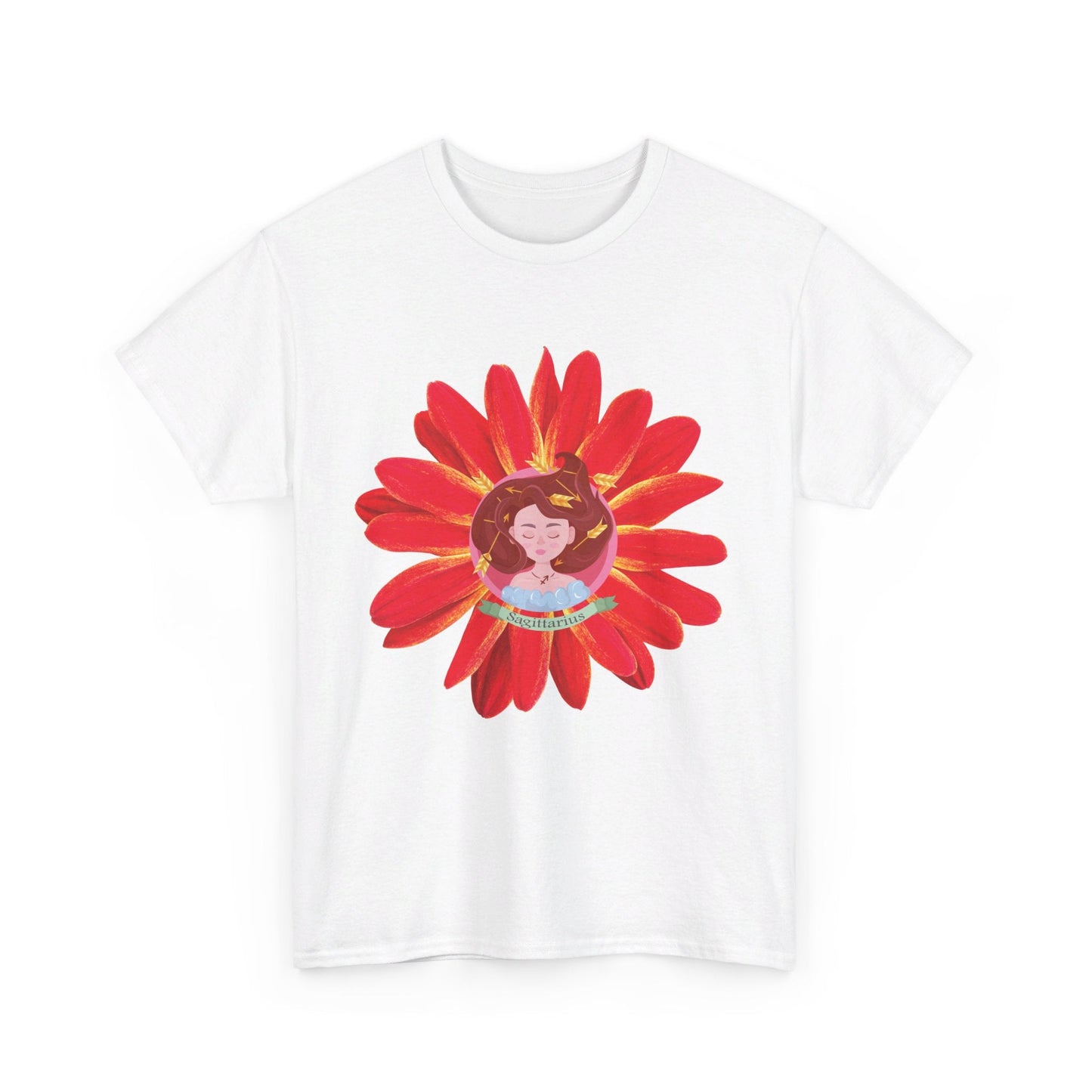 Sagittarius zodiac cotton tee features a cute girl surrounded by red flowers