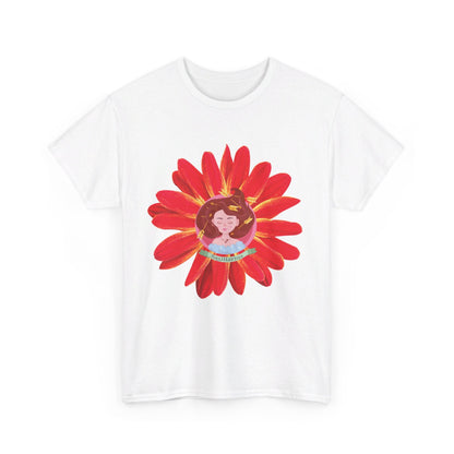 Sagittarius zodiac cotton tee features a cute girl surrounded by red flowers