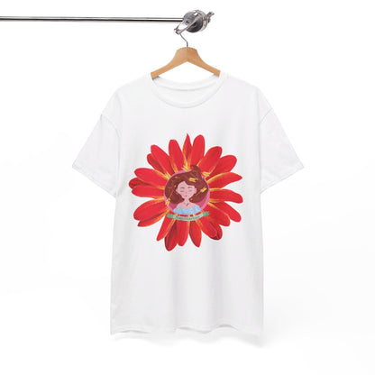 Sagittarius zodiac cotton tee features a cute girl surrounded by red flowers