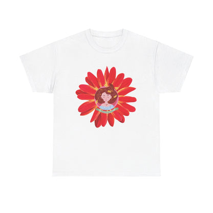 Sagittarius zodiac cotton tee features a cute girl surrounded by red flowers