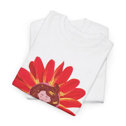 Sagittarius zodiac cotton tee features a cute girl surrounded by red flowers