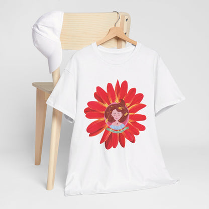 Sagittarius zodiac cotton tee features a cute girl surrounded by red flowers