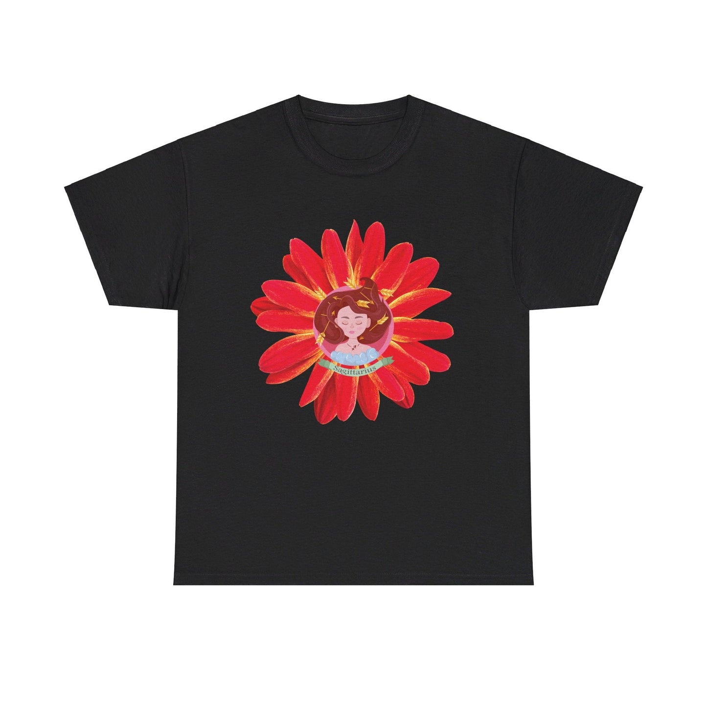 Sagittarius zodiac cotton tee features a cute girl surrounded by red flowers