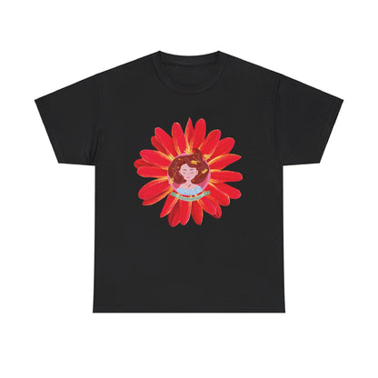 Sagittarius zodiac cotton tee features a cute girl surrounded by red flowers