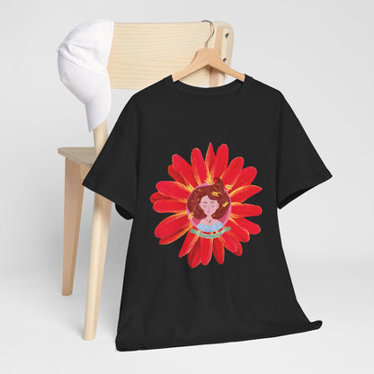 Sagittarius zodiac cotton tee features a cute girl surrounded by red flowers