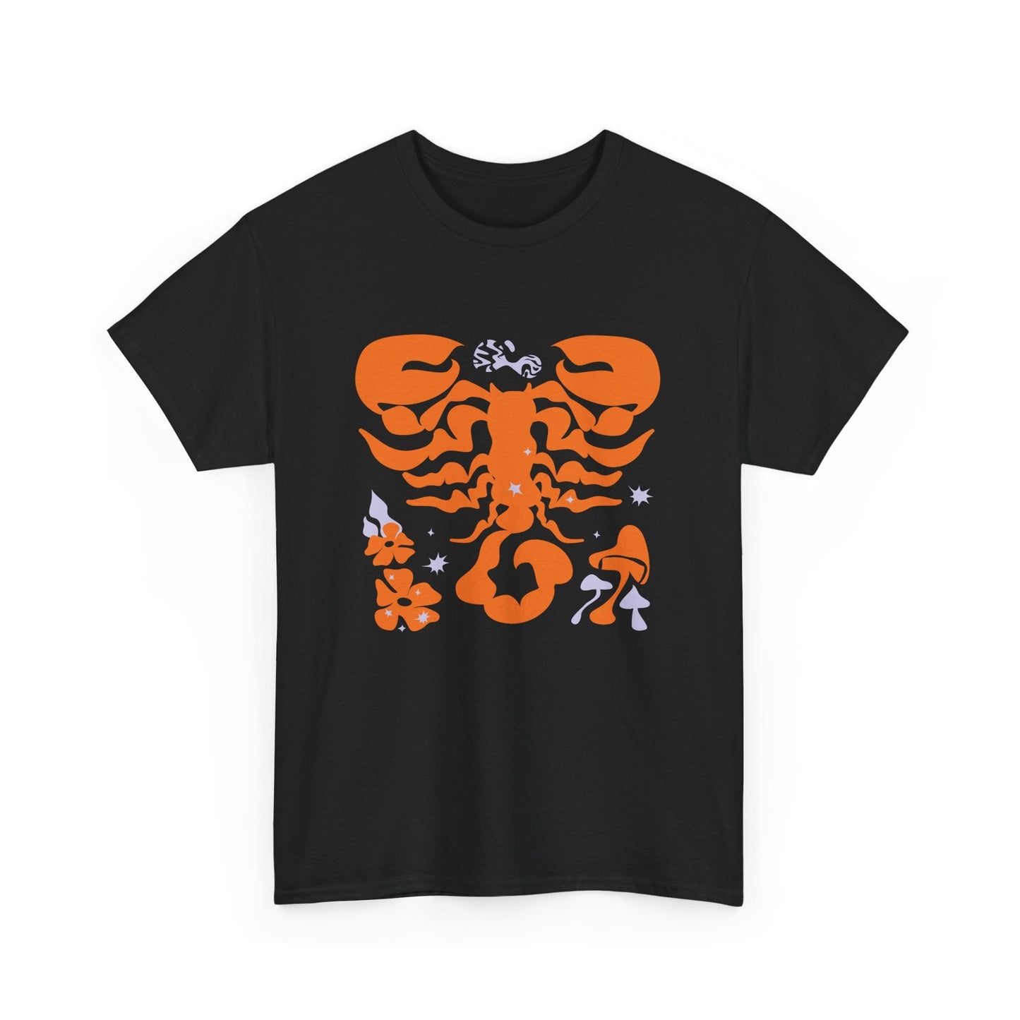 1. A black t-shirt featuring a striking orange and black scorpion design, perfect for bold fashion statements.

2. Black t-shirt adorned with a vibrant orange and black scorpion graphic, showcasing a fierce and edgy style.

3. Eye-catching black t-shirt with a dynamic orange and black scorpion illustration, ideal for those who love unique designs.