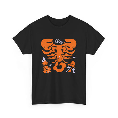 1. A black t-shirt featuring a striking orange and black scorpion design, perfect for bold fashion statements.

2. Black t-shirt adorned with a vibrant orange and black scorpion graphic, showcasing a fierce and edgy style.

3. Eye-catching black t-shirt with a dynamic orange and black scorpion illustration, ideal for those who love unique designs.