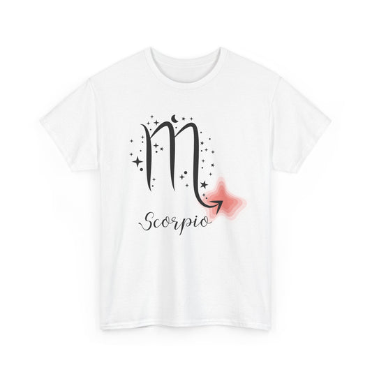 1. A white t-shirt featuring the word "Scorpio" prominently displayed in bold letters. 

2. A stylish white t-shirt showcasing the word "Scorpio" in eye-catching typography.

3. A clean white t-shirt with the word "Scorpio" printed in a striking design.