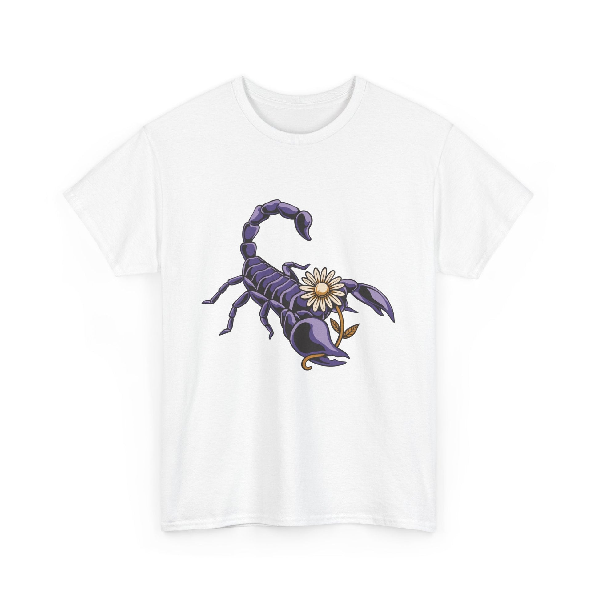 1. A white t-shirt featuring a striking scorpion graphic, perfect for adding an edgy touch to any outfit. 

2. A stylish white t-shirt adorned with a bold scorpion design, ideal for those who love unique fashion statements.

3. A crisp white t-shirt showcasing a detailed scorpion print, combining comfort with a fierce style.