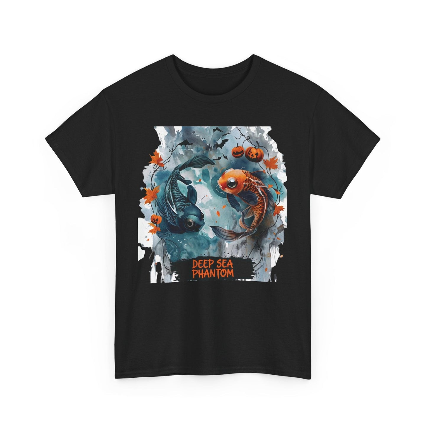 Tee Shirt Whimsical Halloween Koi Artwork With Pumpkins And Bats