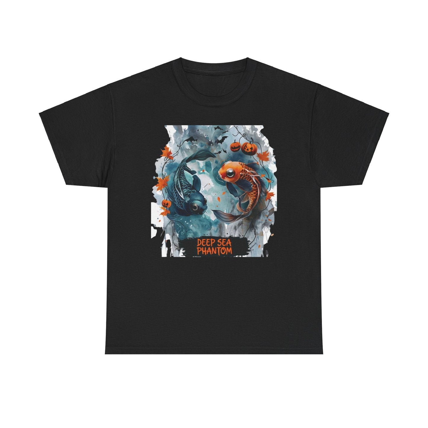 Tee Shirt Whimsical Halloween Koi Artwork With Pumpkins And Bats