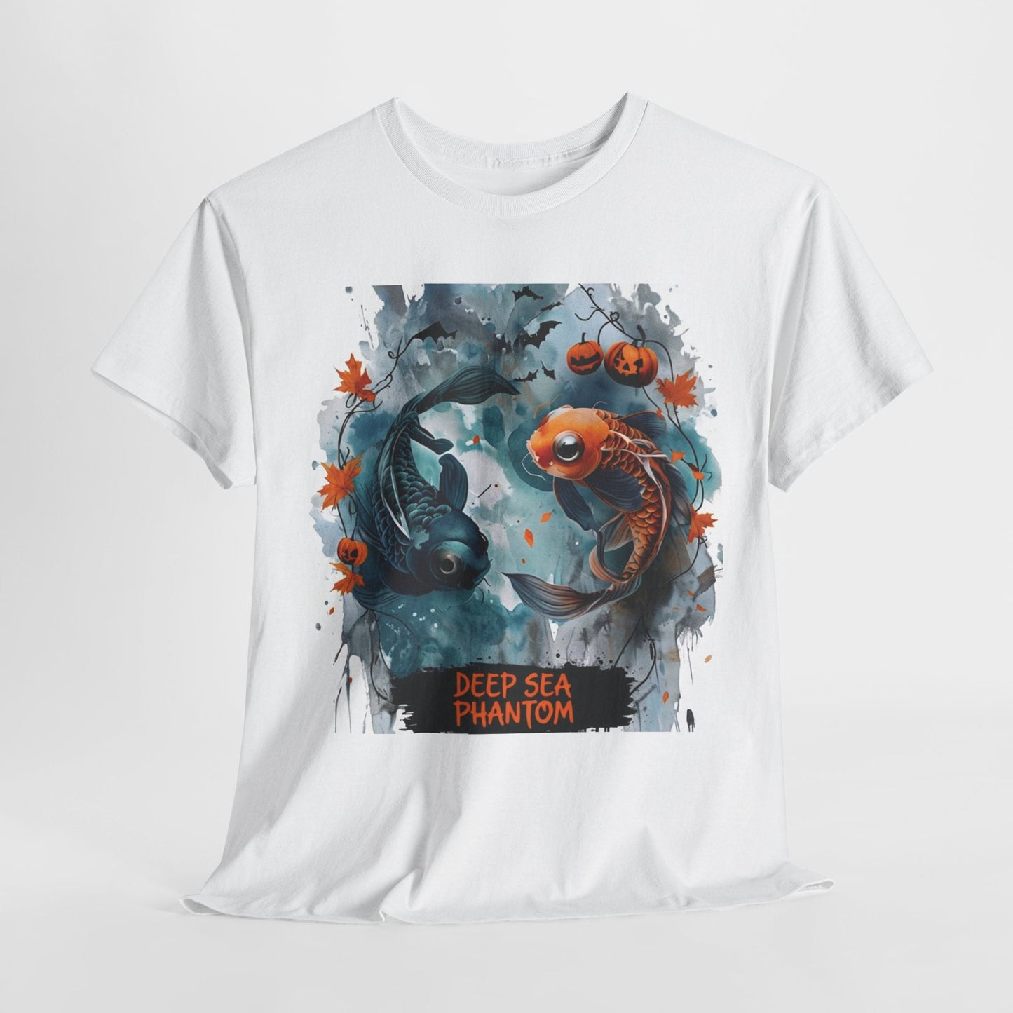 Tee Shirt Whimsical Halloween Koi Artwork With Pumpkins And Bats