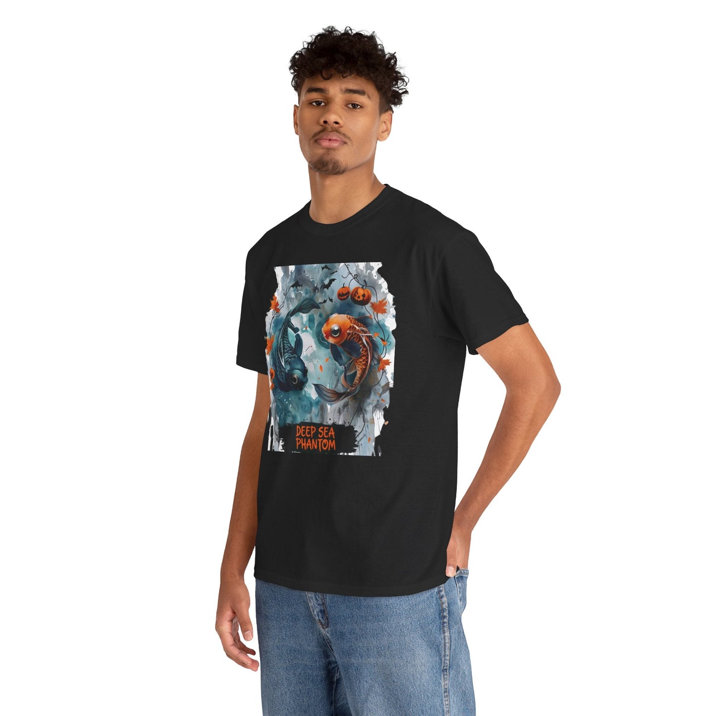 Tee Shirt Whimsical Halloween Koi Artwork With Pumpkins And Bats