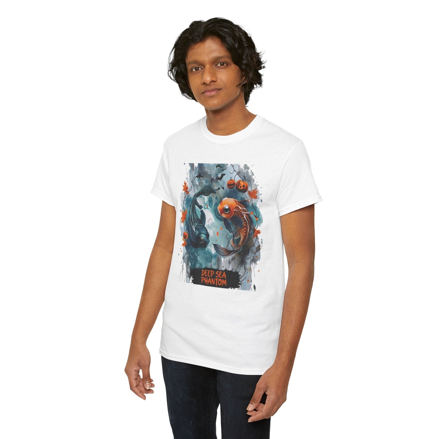 Tee Shirt Whimsical Halloween Koi Artwork With Pumpkins And Bats