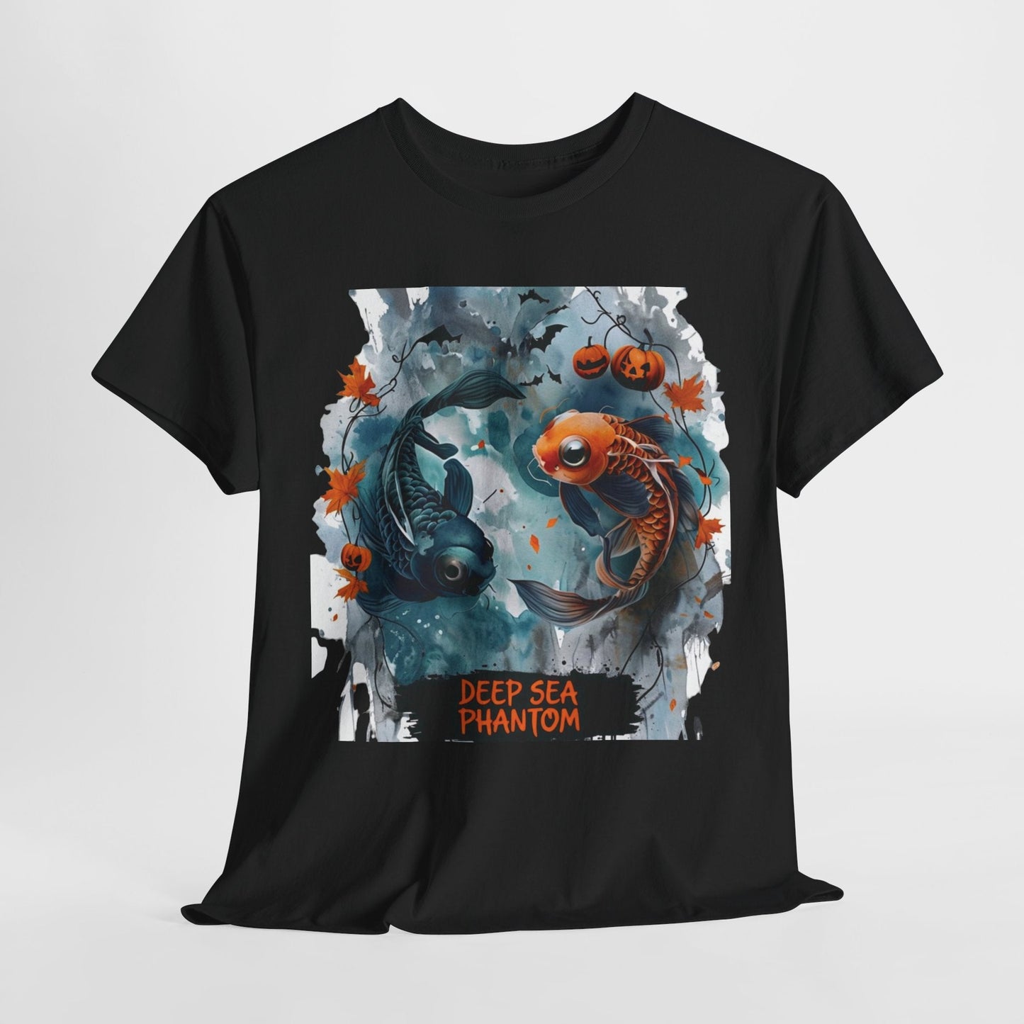 Tee Shirt Whimsical Halloween Koi Artwork With Pumpkins And Bats