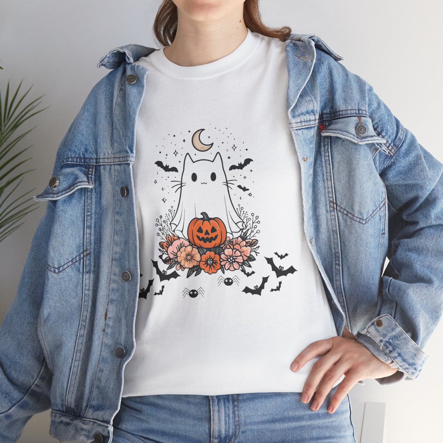 Whimsical Cat Tee - White Ghost Pumpkin Bats Halloween Shirt