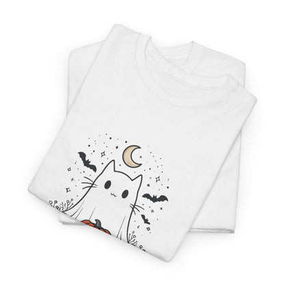 Whimsical Cat Tee - White Ghost Pumpkin Bats Halloween Shirt