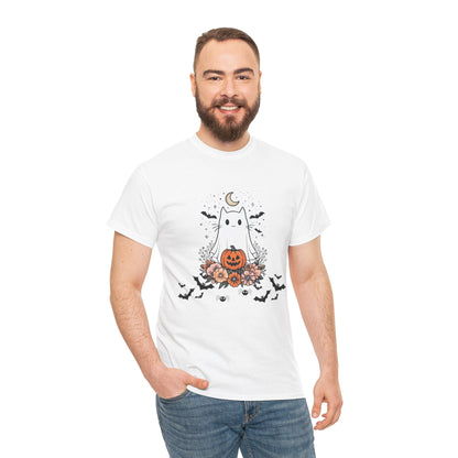 Whimsical Cat Tee - White Ghost Pumpkin Bats Halloween Shirt