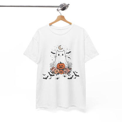 Whimsical Cat Tee - White Ghost Pumpkin Bats Halloween Shirt