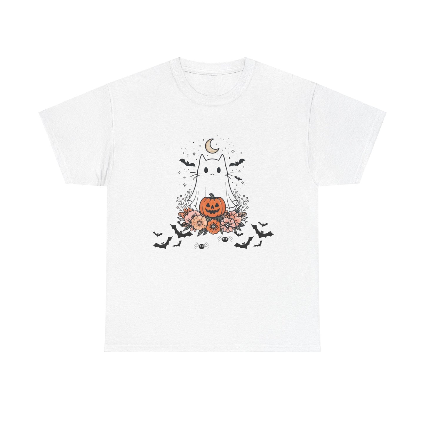 Whimsical Cat Tee - White Ghost Pumpkin Bats Halloween Shirt