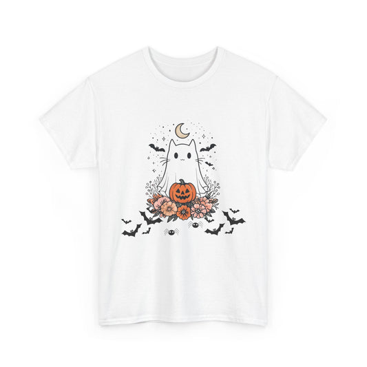 Whimsical Cat Tee - White Ghost Pumpkin Bats Halloween Shirt