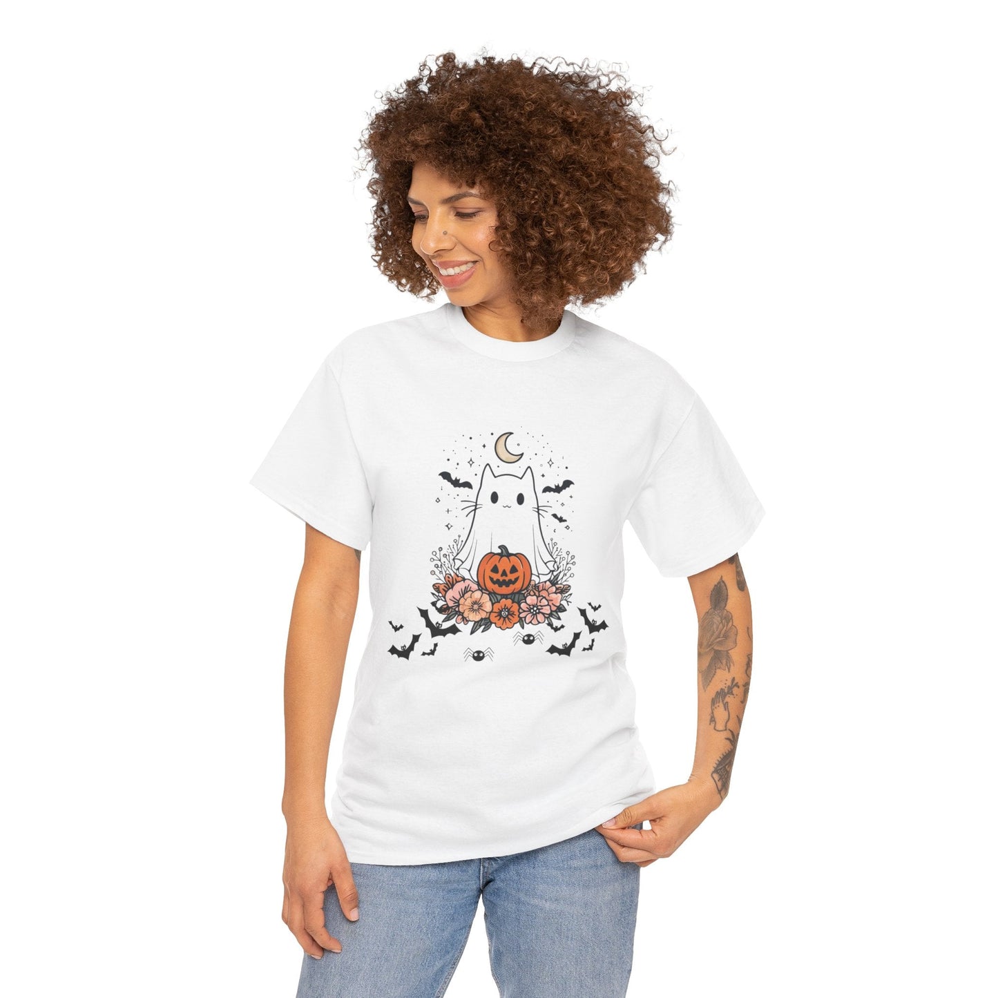 Whimsical Cat Tee - White Ghost Pumpkin Bats Halloween Shirt