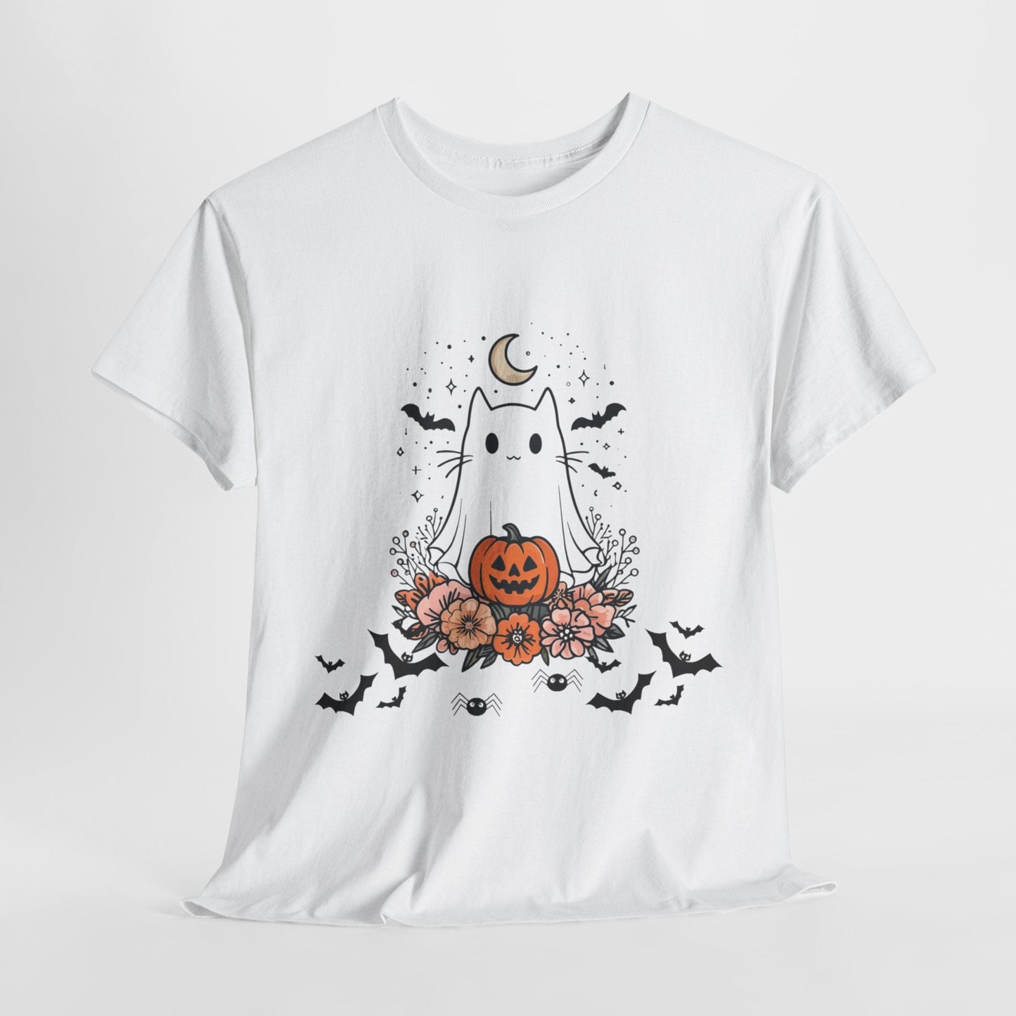 Whimsical Cat Tee - White Ghost Pumpkin Bats Halloween Shirt