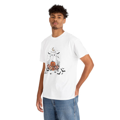 Whimsical Cat Tee - White Ghost Pumpkin Bats Halloween Shirt