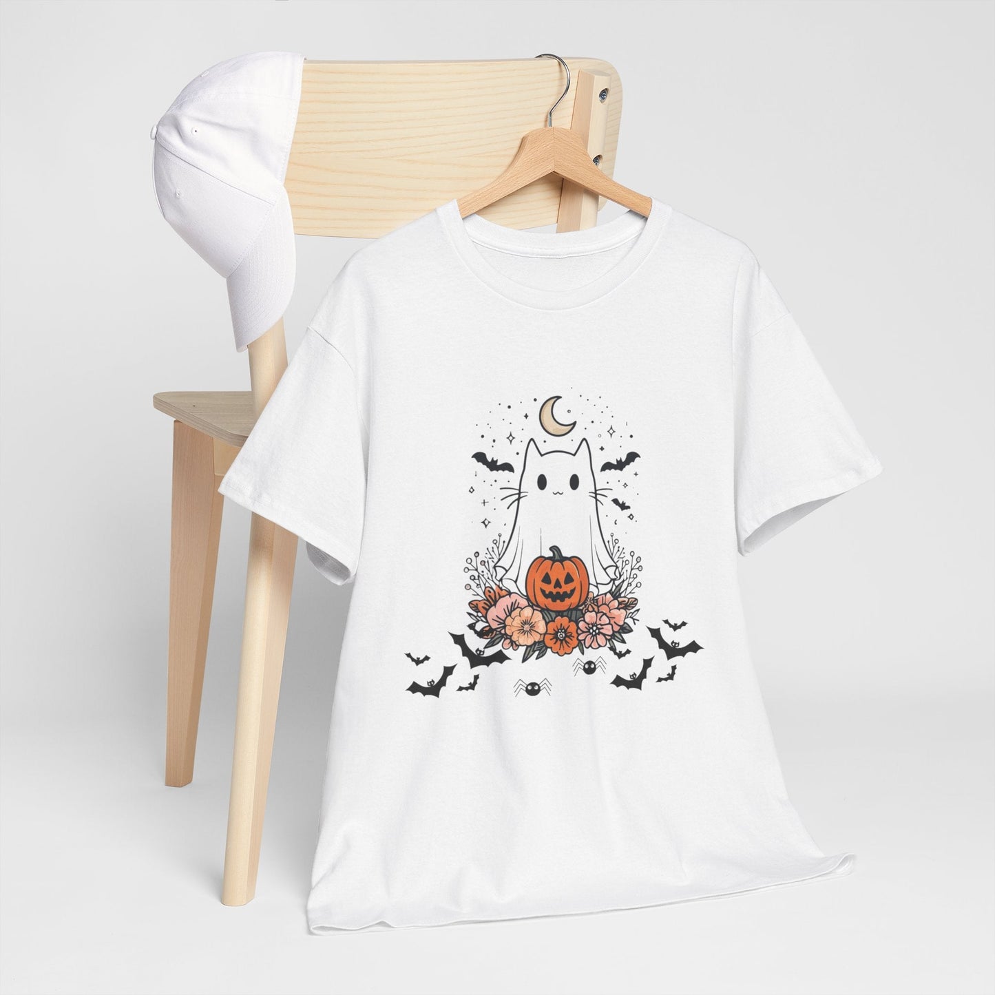 Whimsical Cat Tee - White Ghost Pumpkin Bats Halloween Shirt